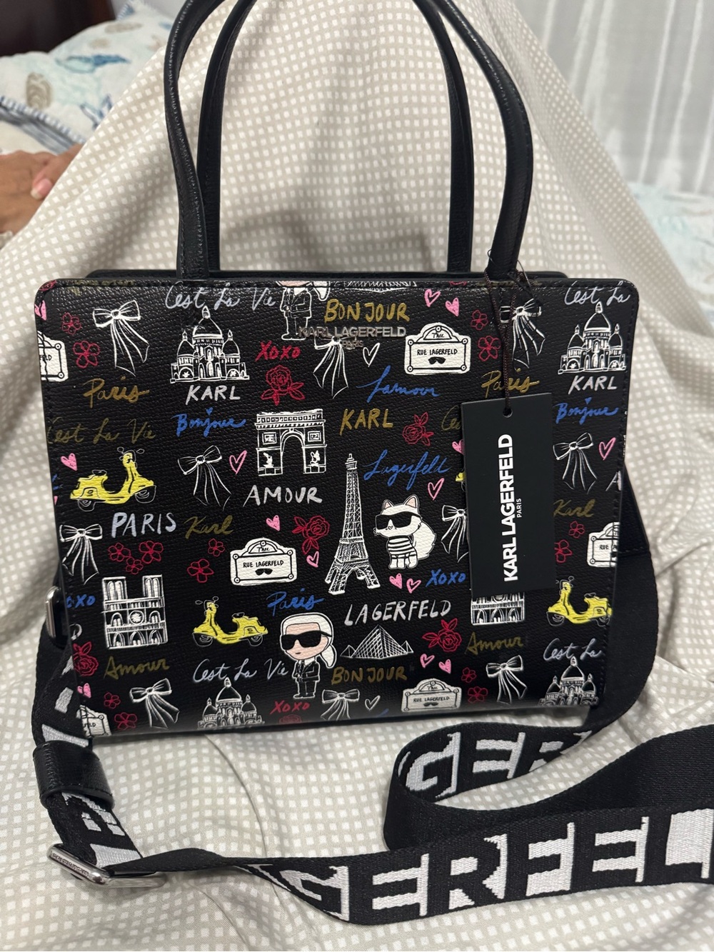 Karl Lagerfeld Black Paris Doodle Satchel with Multi-Color Accents